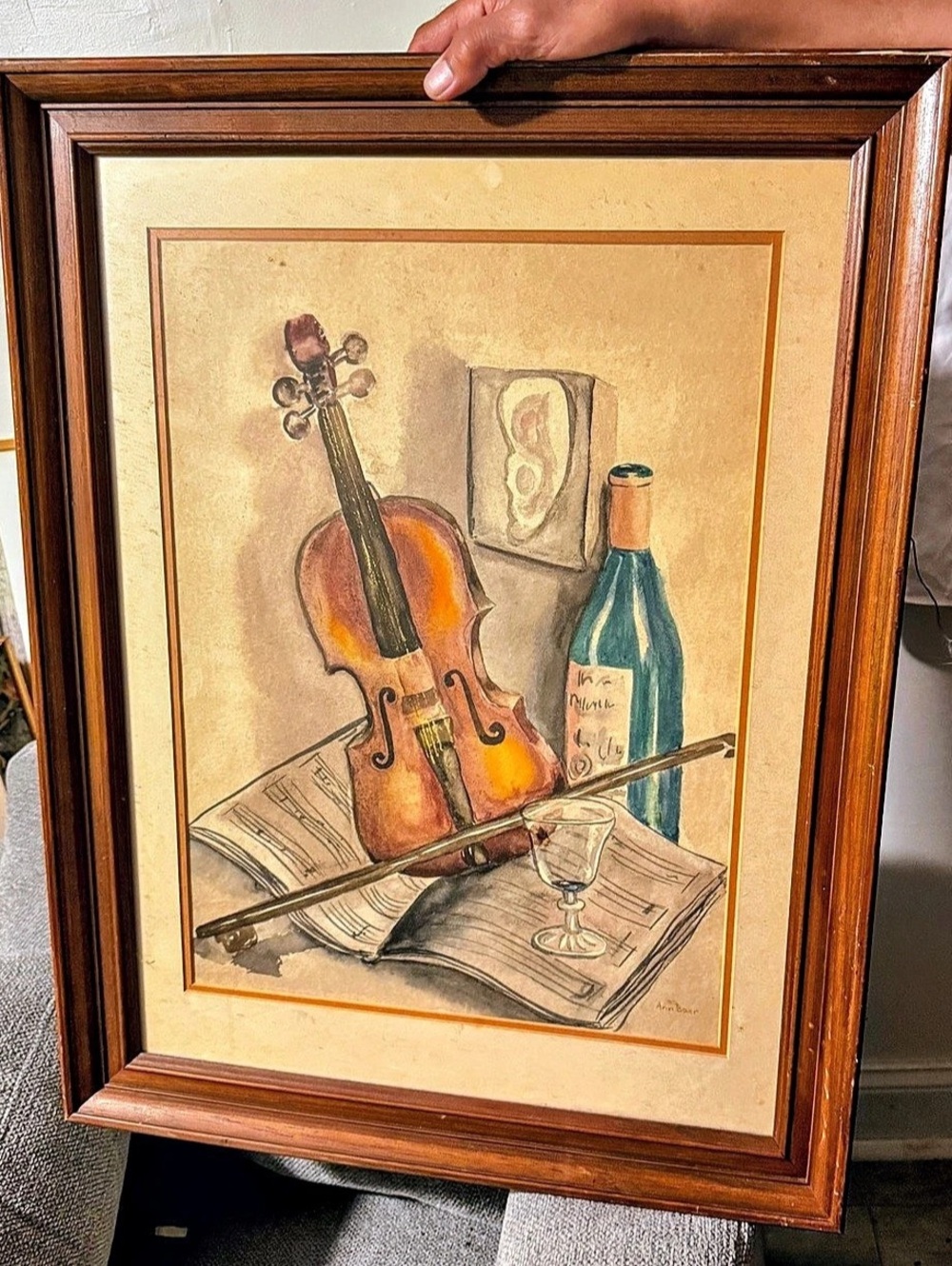 Vintage Signed Watercolor Painting — Violin & Wine Still Life, Framed
